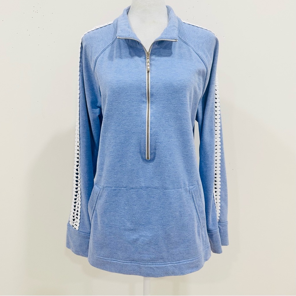 Lilly Pulitzer Women’s Size M Jacket Blue Marled 1/2 Zip Crochet Accent Sleeves